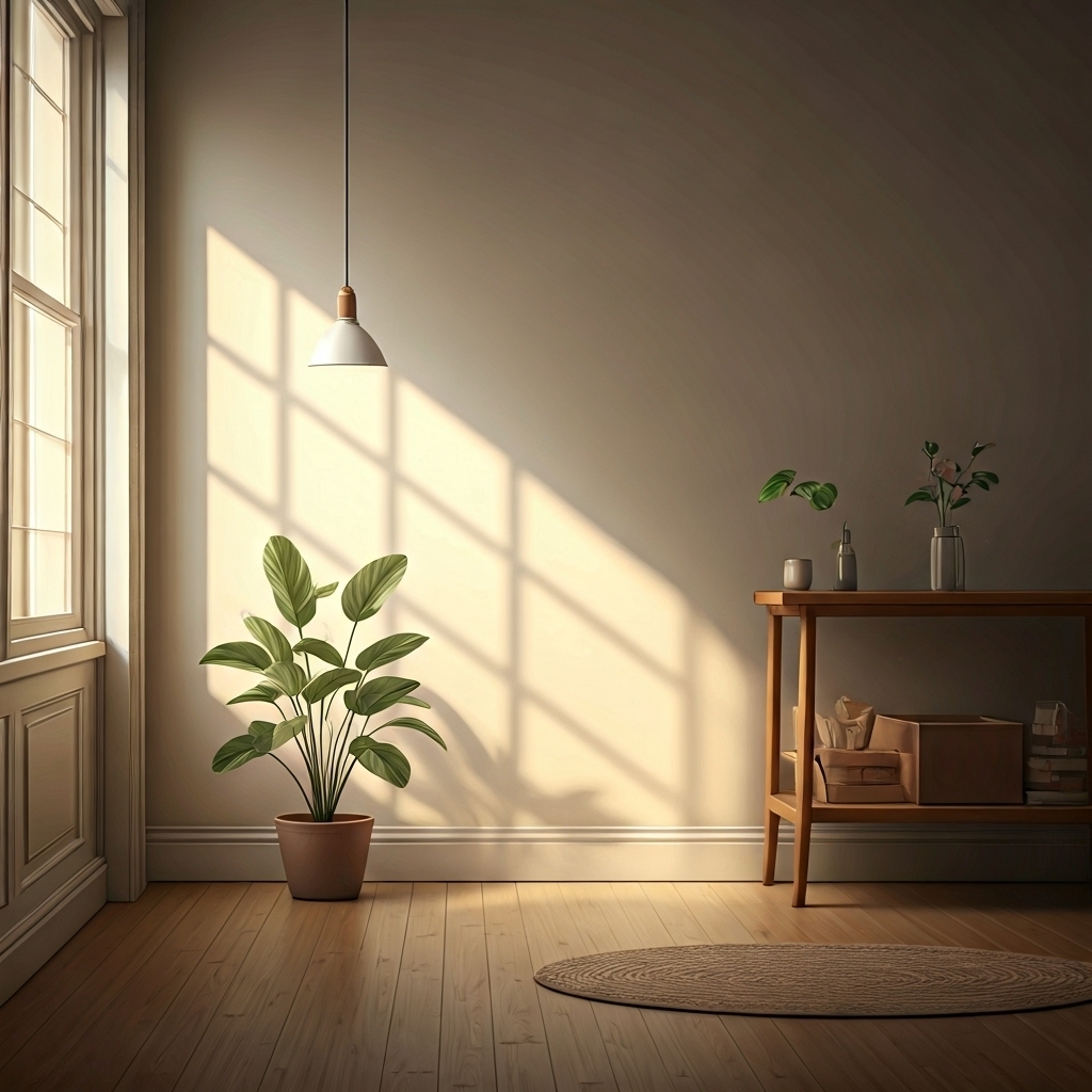Bright, minimalist living space featuring a potted plant, wooden table with decorative items, and natural light casting shadows, symbolizing a decluttered and refreshed home environment.